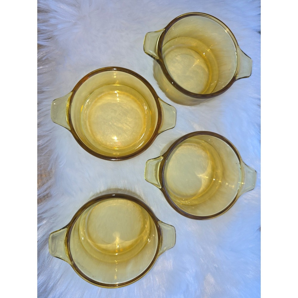 Pyr-O-Rey Amber Glass Custard Cups Set of 4 Tab Handled Ramekins Mexico 15